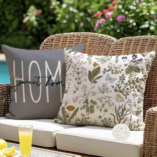 Kissenbezug 50x50 Outdoor Kissen Wetterfest Grün Kräuter Wilde Blumen Dekokissen Outdoorkissen Kissenbezüge Kissenhülle Gartenkissen Balkon Sofakissen Draußen für Garten Couch Wohnzimmer 2er Set