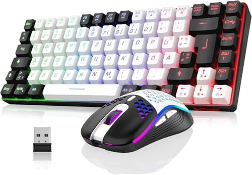 RedThunder 75% Wireless Gaming Tastiera e Mouse Set, DE TKL Layout, 85 tasti, Ricaricabile Compatto, Mouse Ultraleggero 7200DPI con Costruzione Honeycomb per PC Mac PS5 Xbox Gamer (Bianco-Nero)