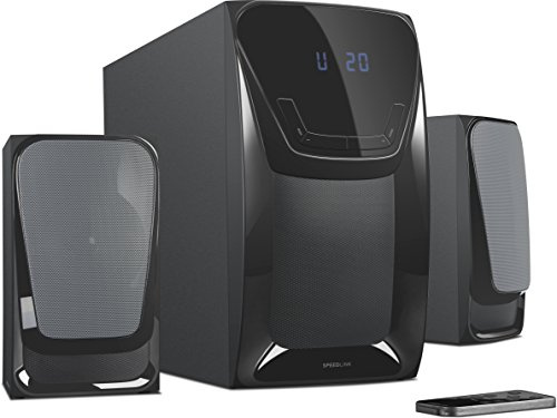 Speedlink Aktivt 2,1 subwoofersystem – EUFONIA stereohögtalarsystem 3,5 mm (utmärkt multimedialjud – 50 W RMS utgångström, 100 W Peak Power – trådlös infraröd fjärrkontroll) dator/bärbar dator svart