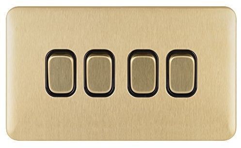 Schneider Electric Lisse Screwless Deco - 4 Gang 2 Way Light Switch, 10AX, GGBL1042BSB, Satin Brass with Black Insert