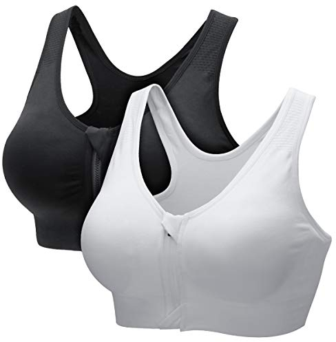 CARETOO Damen Sport BH Stark Halt Active Bra Höhe Beanspruchung Trainieren Bustier Fuer Yoga Fitness - Mit Reißverschluss Schwarz + Weiß, L