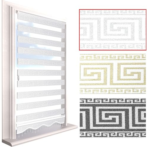 Brillant® Doppelrollo Klemmfix ohne Bohren – Medusa Barock Muster mit Glitzer, Duo-Rollo Blickdicht & transparent, mit Perlenzug, Fensterrollo für Fenster & Türen Weiß Silber 100 x 200 cm (B x L)