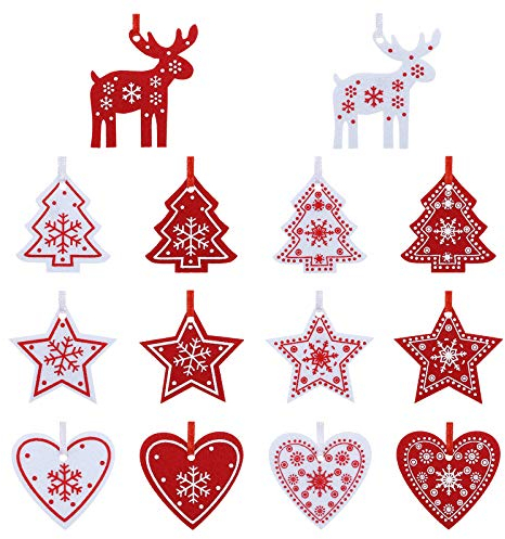 Naler 42 Pezzi di Decorazioni Natalizi in Feltro Ornamenti Appesi di Albero di Natale, Stella, Renna, Cuore Decorazione Natalizia per Casa, Bianco e Rosso