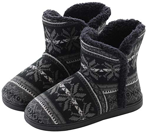 DimaiGlobal Mujer Zapatillas de casa Cálidode con Bordes del Tejido de Punto y Pompons Interior y Exterior Lana al Forro de Felpa Suela Antideslizante Zapatos Invierno Pantuflas botines 39/40EU Negro2