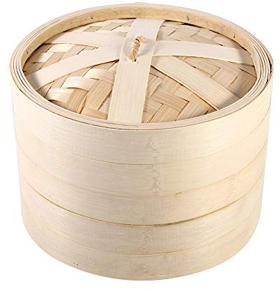Vaporera de arroz tradicional de bambú y vaporera para 4 personas (Ø 22 cm, 2 niveles) para arroz, dim sum, verduras, pescado y carne - máquina para hacer bolas de masa