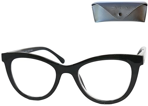 Cateye Dicker Lesebrille Damen, schwarze Cat-Eye-Brille mit Etui | Feminine Katzenaugenform im Retro-Stil, Vollrand mit 48 mm Scheibenbreite, 39 mm Scheibenhöhe und nur 28 g