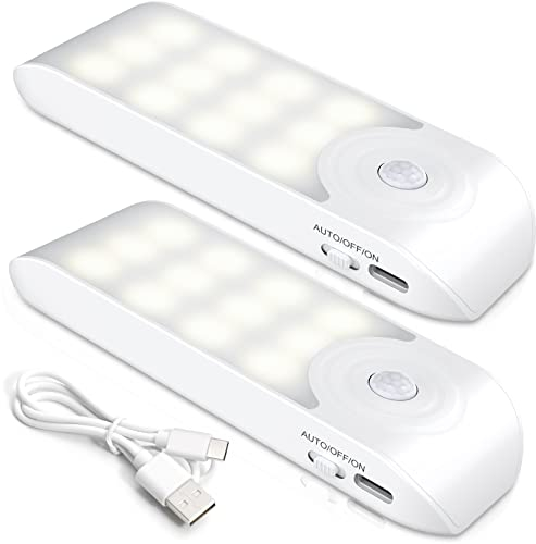 Lámpara Nocturna Recargable con Sensor Movimiento (2 PCs con 24 LED), Luces con 3 Modos, Luz Cálida para Armario, Gabinete, Pasillo, Escalera, Sótano, Cocina, Garaje