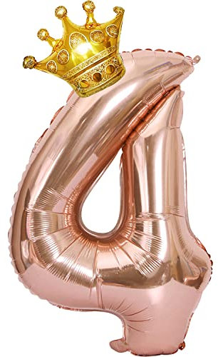 Palloncini in oro rosa, 4, 100 cm, numero gigante, decorazione di compleanno, XXL, Happy Birthday digitale, palloncino 4, con corona dorata, per ragazze, donne, feste di compleanno