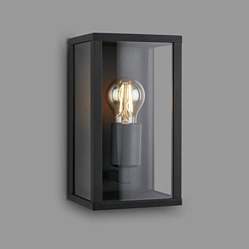 BRILONER - Wandlampe mit Glasscheibe, IP44, E27 max. 12 Watt, Aussenlampe, Wandleuchte aussen und innen, Strahler außen, Außenleuchte, Außenwandleuchte, Outdoor Lampe, 26x14x13,5 cm, Schwarz