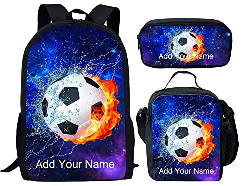 HELLHERO Custom Personalised Name 3 in 1 Football Backpack Set Galaxy School Bag Elementary Bookbag with Lunch Bag Pencilcase for Kids Girls Boys Preschool Kindergarten Elementary Cycling Outdoors