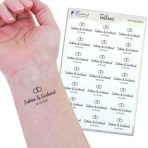 Tattoos Hochzeit selbst gestalten, personalisierte Hochzeitstattoos, temporäre Tattoos Anstecker Hochzeit Gäste mit Namen und Datum, Feenstaub