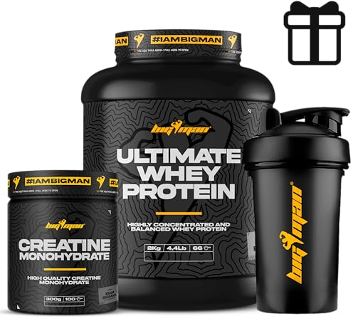 Pack BigMan Ultimate Whey Proteína 2kg + Creatina 300Gr + Shaker PRO | Fuerza, Resistencia | Masa Muscular | Tonificación Muscular | Recuperación Deportiva (2 KILOS, Cookies)