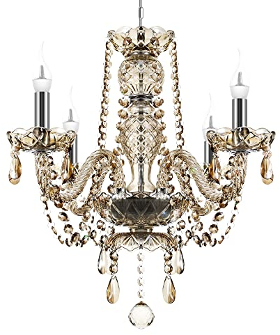 TRY-YEAN Lámpara de Techo de 4 Brazos Lámpara Colgante de Araña de Coñac con Cristales K5 E14 56cm Lamparas Clasicas de Techo con Cadena Ajustable para Dormitorio, Salón, Comedor, Pasillo