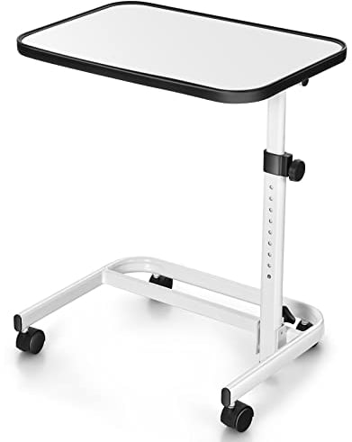 COSTWAY Overbed Table with Wheels & Tilting Top, 9-Position Height Adjustable C Shaped Bedside Table, Space-Saving Portable Rolling Sofa Side Table Coffee Laptop Desk for Home and Hospital (White)
