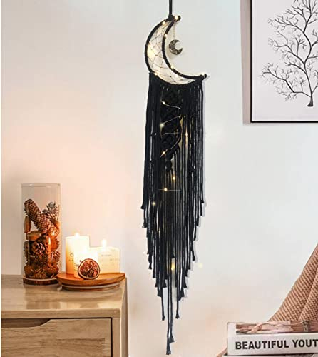 Dream Catchers Moon Dream Catcher with Light, Black Dream Catcher for Girls Boys Bedroom Wall Decor Christmas Decor, Macrame Dream Catcher Boho Room Decor for Teen Girls Boy Birthday Gift Women