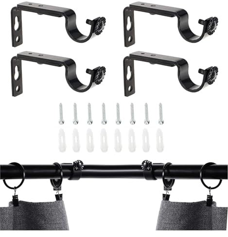 Support de Tringle à Rideau Réglable, 4 Pcs Supports Murale en Métal avec Vis et Chevilles pour Tringle à Rideau Fixation de Maison Chambre Bureau, Noir