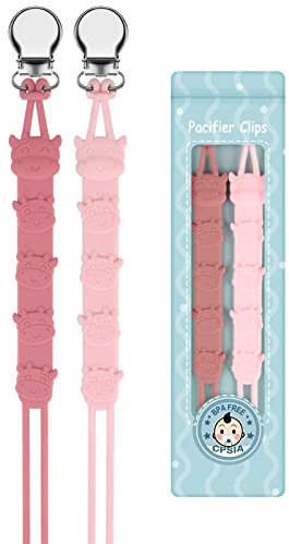 Kowlone Attache Sucette Silicone Vache Soothie Tétine Clips Porte Accroche Chaîne pour Garçons et Filles Douche de Bébé 2pcs(Rose)