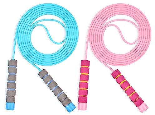 Flintronic Corda per Saltare Bambino, 2 Pezzi Corda Da Salto Regolabile, 2,6 m Salto della Corde con la Maniglia di Schiuma, Bambini Saltando Corda per Fitness, Perdita di Peso, Allenamento, Blu&Rosa