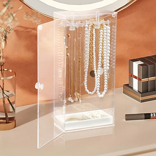 Dustproof Jewellery Box Organiser, Necklace Ring Bracelet 3in1 Acrylic Transparent Jewelry Storage Box, with 24 Rotatable Hooks and Plush Tray, Large Capacity Beautiful and Luxurious for Women Girls.