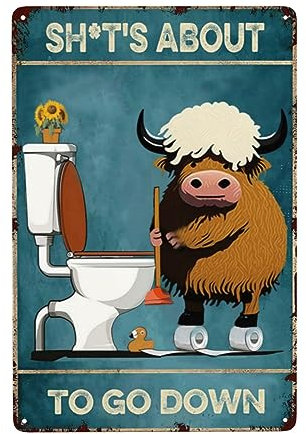 Divertente cartello decorativo da parete per il bagno, regalo per gli amanti della mucca, con scritta Shit About to Go Down, cartello vintage in metallo per casa, camera, fattoria, bagno, toilette,