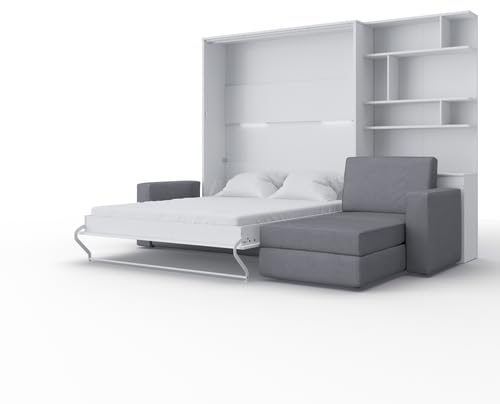 MAXIMAHOUSE Schrankbett vertikale mit Ecksofa, Invento LED 160V mit Lattenrost aus Holz, Wandklappbett 160x200 Erwachsene, modern Concept und Design, praktisch (Weiß/Weiß Glanz + graues Sofa + Regal)
