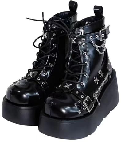 Damen-Gothic-Stiefeletten mit Plateau und Fledermausschnallen, klobige Absätze, runde Zehenpartie, Reißverschluss, Punk-Motorrad-Kampfstiefel, bequeme kurze Gothic-Stiefeletten