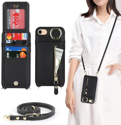Zouzt for iPhone SE 2022/2020/3rd/2rd / iPhone 8/7 4.7 Inch Case with Cord and Card Holde, Zipper Wallet Case with Crossbody Lanyard Ring Adjustable Necklace Protective Cover Women - Black