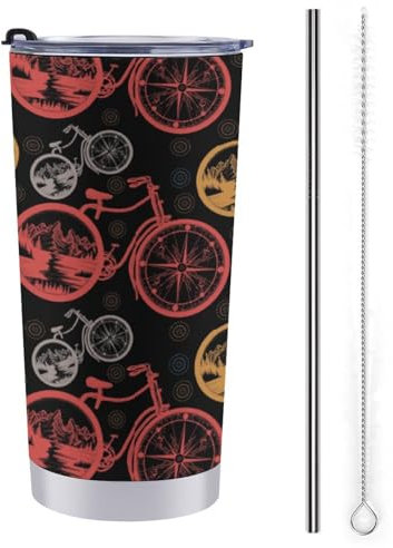 Bussola e montagne bicicletta ruote tazza da viaggio riutilizzabile tazza da caffè bottiglia d'acqua con cannuccia e coperchio 590 ml