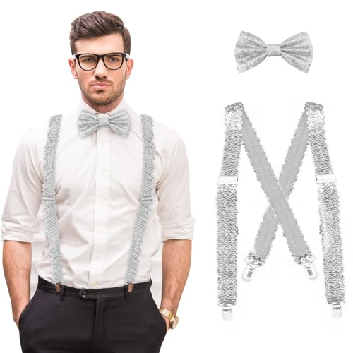 Pailletten Hosenträger und Fliege, Herren Pailletten-Hosenträger-Set, mit verstellbaren Pailletten Schleife, für Kostüm-Zubehör, Karneval, Silvester, Mottoparty(Silber)
