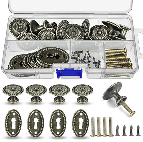 GZhaizhuan 20 Stk Möbelknöpfe Vintage und Antike Ovale Schlüssel-Schilder Set, 10 Möbelknopf, 10 Schloss-Rosetten für Schränke Schubladen Möbel, mit Schrauben & Box