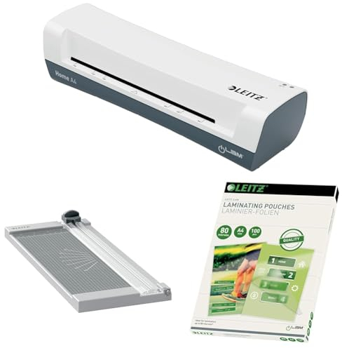 Leitz Set iLAM Home A4 Laminiergerät mit Papierschneider und Laminierfolien 80 mic 25er Pack, Laminiermaschine mit 3 min Aufwärmzeit, Schneidemaschine für 8 Blatt, 74310001 mit 90250000 und 16917