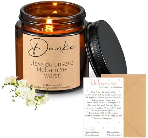 Sinmoe 3 Stück Dankeschön Geschenkset für Hebamme - Spezielle Duftkerze im Glas aus Sojawachs mit positivem Spruch, inkl. Dankeskarte & Umschlag - Geschenk zur Geburt & Anerkennung für Geburtshelferin