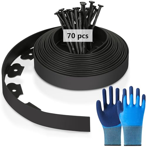MeYuxg Bordo Giardino Flessibile, Bordi Aiuole Plastica, con 70 Chiodi di Fissaggioe un paio di Guanti, Lunghezza 15m, Altezza 5cm, Nero