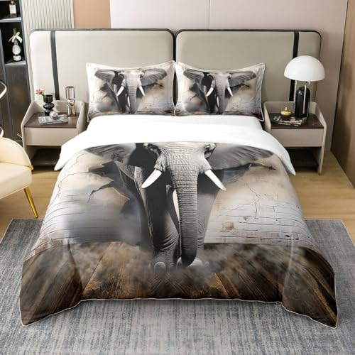 100% Baumwolle Nette 3D Elefant Bettwäsche Set 155x220,Graue Elefant Wand Tröster Abdeckung für Erwachsene Lustige Exotische Wildlife Bettbezug Afrikanische Safari Tier Bett Set Weich Warm