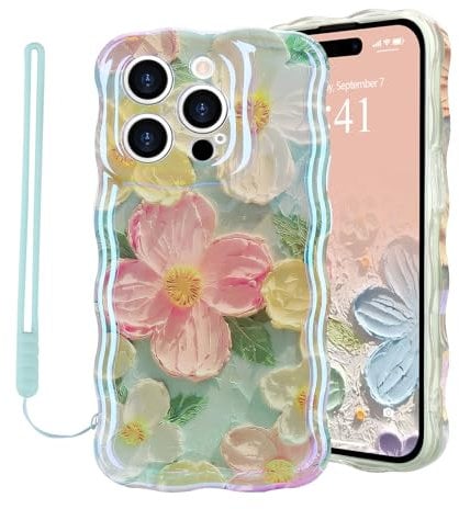 Micoden for iPhone 14 Pro Case Oil Retro Floral Print Curly Wave Silicone Case Aesthetic Fashion Flower Girls Women Phone Case with Strap for iPhone 14 Pro Mint Green