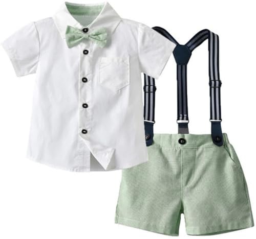 Yaopelky Niño Trajes de Caballero de Verano Niño Camisa de Manga Corta con Pajarita Tirantes Pantalones Cortos Traje 1-8 Años