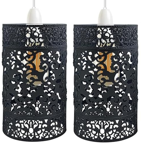 2 Pack Industrial Black Metal Pendant Light Shades Easy Fit Ceiling Drum Lampshade Retro Vintage Hanging Light Fitting for Kitchen Dining Room Bedroom Hallway E27
