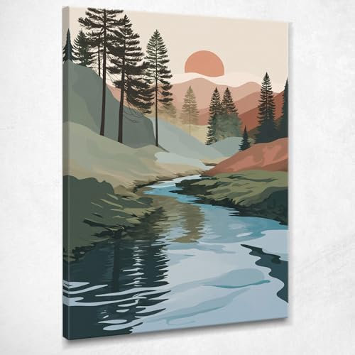 CheQuadro! Quadro moderno, paesaggio, boho chic, minimal, decorazione parete, salotto, Paesaggio Naturale con Fiume, Pini e Montagne, stampa su tela, intelaiato pronto da appendere bho25-40x30 cm