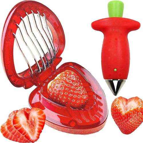 2 affettatrici per fragole, fragole, ciliegie, frutta, verdura, stelo e foglie, accessorio da cucina per cottura e marmellata
