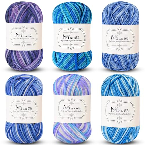 Maxee Handstrickgarn, 6x50 g Häkelgarn, Bunt Farbverlauf Acrylgarn zum Stricken, Weicher Wolle zum Häkeln, Mehrfarbiges Garn zum Stricken Häkeln und Basteln