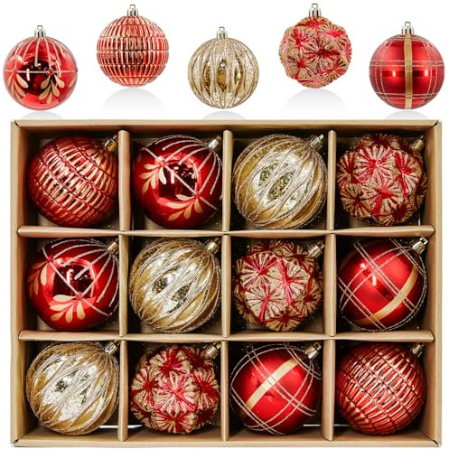 JORNOY Juego de 12 esferas inastillables para árbol de Navidad a granel con ganchos, 80 mm, bolas colgantes de plástico para árbol de Navidad, fiestas, decoraciones al aire libre, rojo y dorado