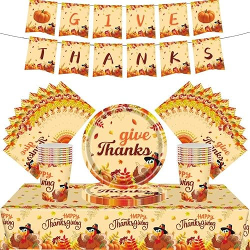 54Pcs Thanksgiving Tableware Decorations - Turkey Table Cloth, Banner, Paper Napkins, Plates Dinnerware Set for Thanksgiving Theme Party Favor
