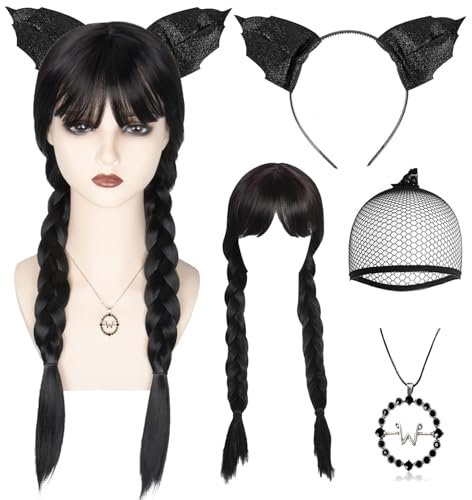 Lange Geflochtene Schwarze Perücken,Perücke Doppelt Geflochten Perücken,Fledermausohr Stirnband,Schwarze Geflochtene Perücke,Perücke für Damen,für Cosplay Party Faschingskostüme Karneval Halloween