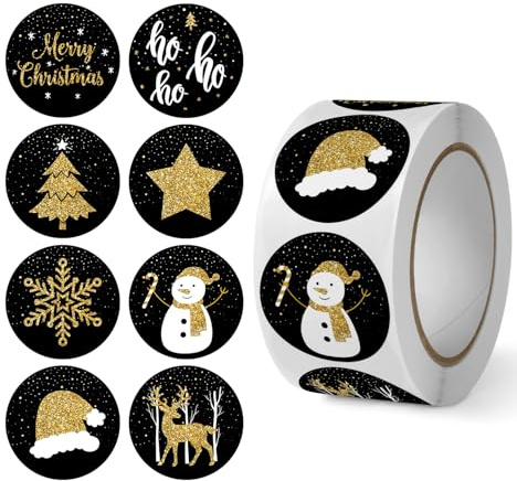 500 Stück Aufkleber Weihnachten, Weihnachtsaufkleber Rolle Geschenketiketten, Weihnachtssticker Selbstklebend, Weihnachts Sticker Deko für Weihnachtskarten Geschenktaschen Papiertüten (Schwarz) 2