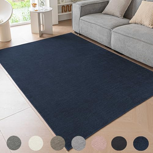 Ceneco Teppich Wohnzimmer, Chenille Kurzflor Teppiche, rutschfeste Waschbare Teppich Schlafzimmer, Teppiche Kurzflor Küche, Dünne Tepich Kinderzimmer, Lounge Bereich Teppisch (Marineblau, 140×200cm)