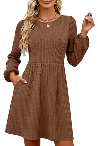 GRMLRPT Damen Langarm Rundhals Pulloverkleid Elegant Knielang Herbstkleid Casual Kleid Herbst Winter A Linien Bequem Midikleid(Braun,L)