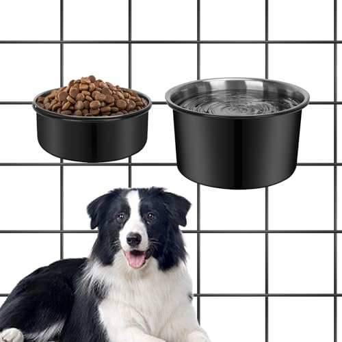 YECERCAN No Spill Water Bowl for Dogs, Sturdy Stainless Steel Dog Dishes 2 Pack with Dog Bowl Holder Hanging on Pet Cage Kennel Crate, Detachable Metal Food/Water Bowl Set for Medium/Large Dogs