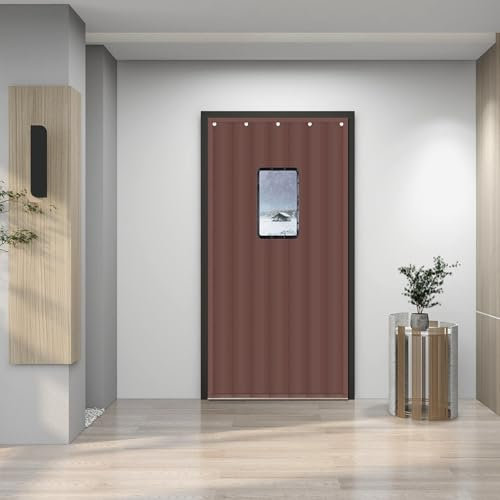 Rideau de porte isolant phonique et résistant aux intempéries - Rideau de porte d'hiver avec fenêtres transparentes - Marron - 110 x 220 cm