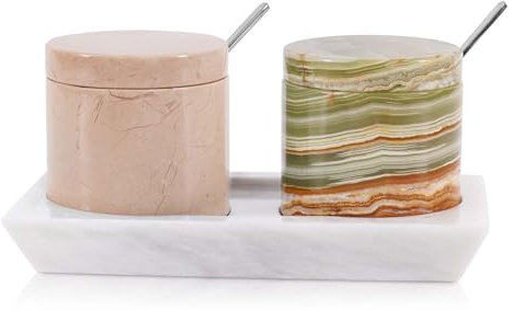 Radicaln Saliera in marmo con coperchio e vassoio, 7,6 cm, Handmaed Verona, contenitore per sale verde per piano di lavoro della cucina, barattolo ideale per spezie e sale