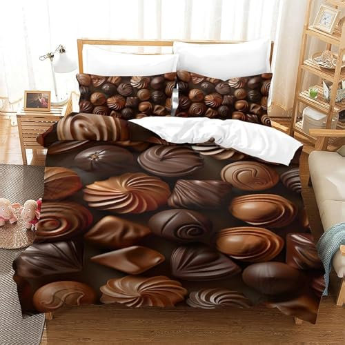 Bettwäsche Set Kinder Schokolade 135X200 cm 3D Bettbezug Set Microfaser Weiche Flauschige Bettdeckenbezug Mit Reißverschluss Und 2 Kissenbezug - Anti-Allergie Pflegeleicht -080U909O027T